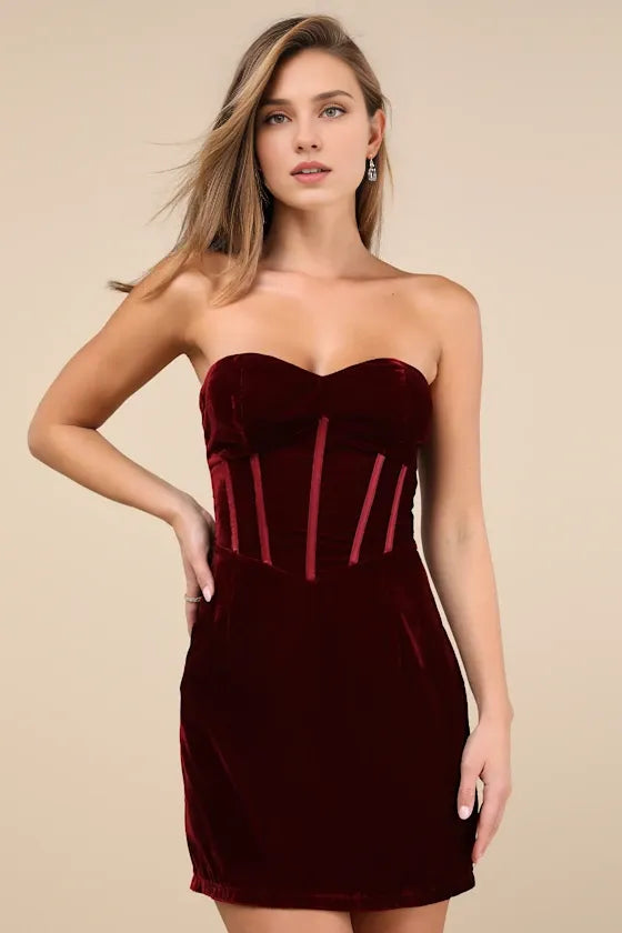 Vestidos formales Weitese para mujer, vestidos mini favoritos de terciopelo burdeos, bustier, sin tirantes y sin mangas, vestidos de fiesta, tiendas de vestidos